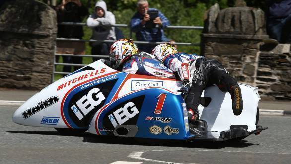 Ben and Tom Birchall on their way to victory at the second Sure Sidecar TT