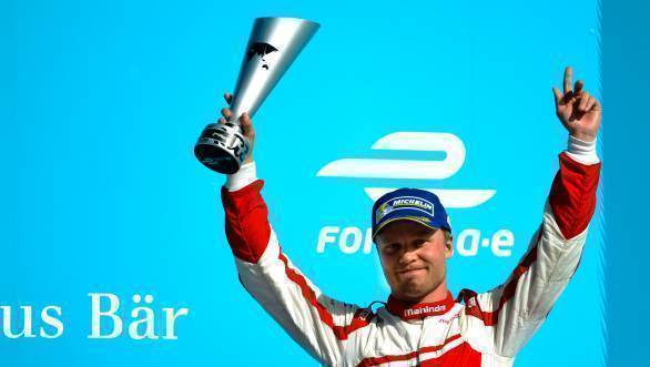 Felix Rosenqvist on the second step of the podium at Race 2 of the Berlin ePrix