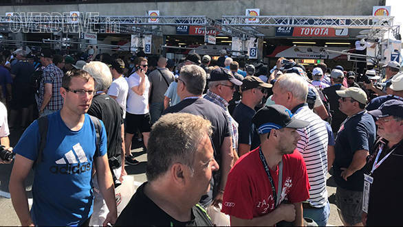Quite a crowd outside the Toyota garage earlier today, thanks to Kamui Kobayashi's blistering lap that shattered the record at Le Mans en route pole!