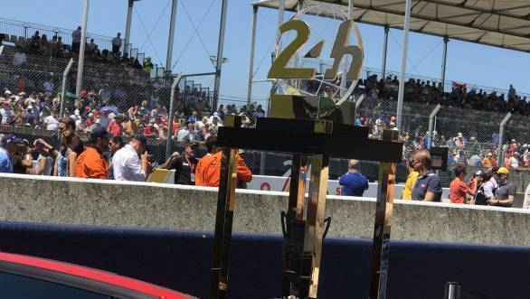 The Le Mans trophy on display in the pitlane ahead of the race start