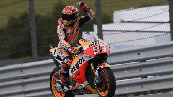 Marc Marquez celebrates his win at the Sachsenring 
