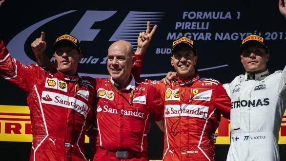 2017 F1 Hungarian GP podium - Raikkonen, Jock Clear, Vettel, Bottas