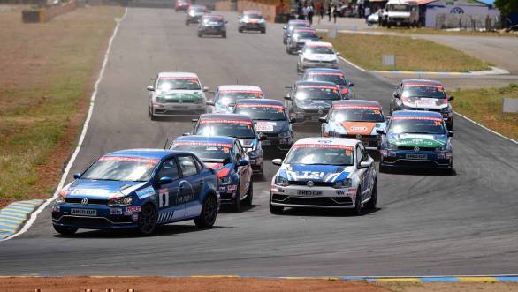 Karminder Singh in the lead  of Race 1 of the Ameo Cup at the Kari Motor Speedway