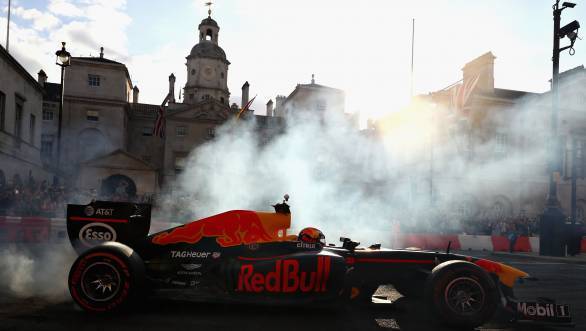 Max Verstappen driving the Red Bull Racing RB7 during F1 Live London at Trafalgar Square in London, England.  