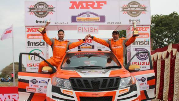 Gaurav Gill and Musa Sherif celebrate their win at the Rally of Coimbatore, Rd 1 of the 2017 Indian National Rally Championship