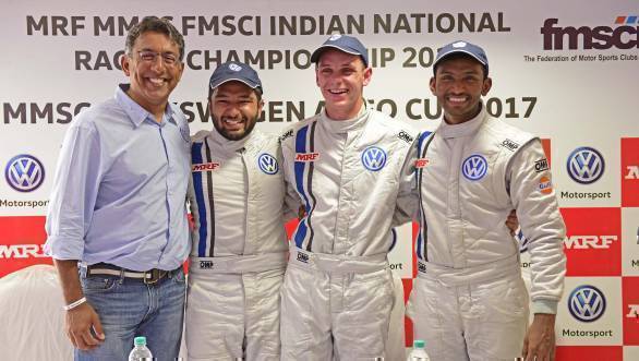 (L-R) Sirish Vissa, head of VW Motorsport India with drivers Karminder Pal Singh, Devin Robertson and Sandeep Kumar