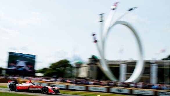 Nick Heidfeld during his run up the hill climb course in the M4Electro during the 2017 Goodwood Festival of Speed