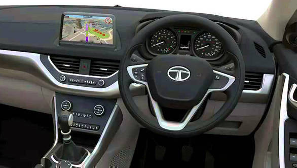 2017 Tata Nexon: The steering wheel and the instrument cluster looks similar to that seen on the Bolt and the Tiago. However, the large touchscreen infotainment system should be the highlight of the cabin