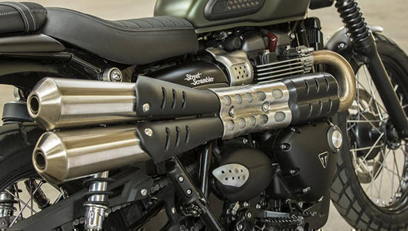 The 2017 Triumph Street Scrambler gets the optional Vance and Hines exhaust system