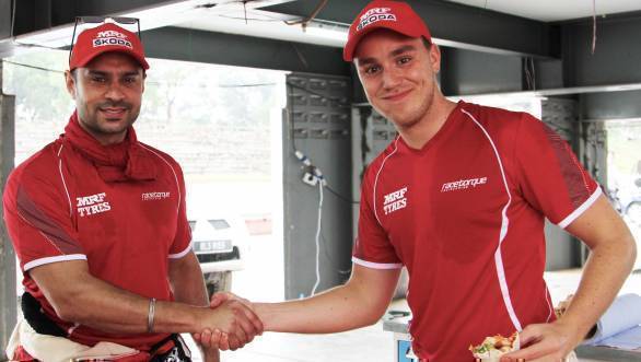 Gaurav Gill congratulates Team MRF Skoda team-mate Ole Christian Veiby on winning the International Rally of Johor