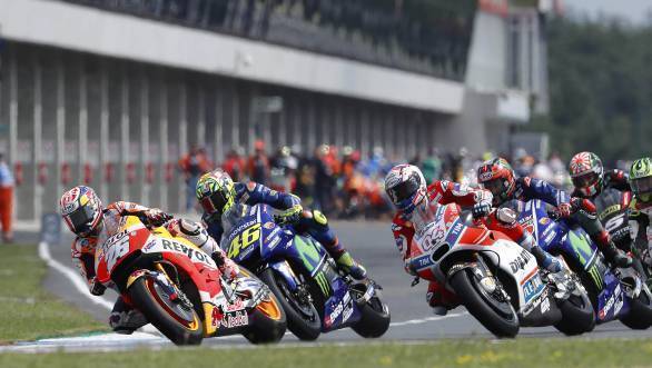 Marc Marquez leads the pack into the first corner at Brno 