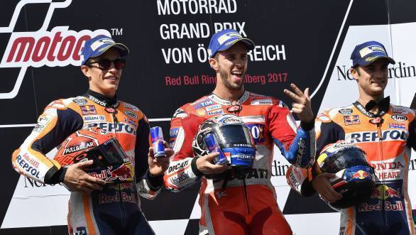 Dovi, flanked by Marquez and Pedrosa on the podium at the 2017 Austrian MotoGP