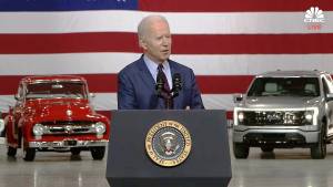 US President Joe Biden, test drives an electric Ford F-150 Lightning pickup
